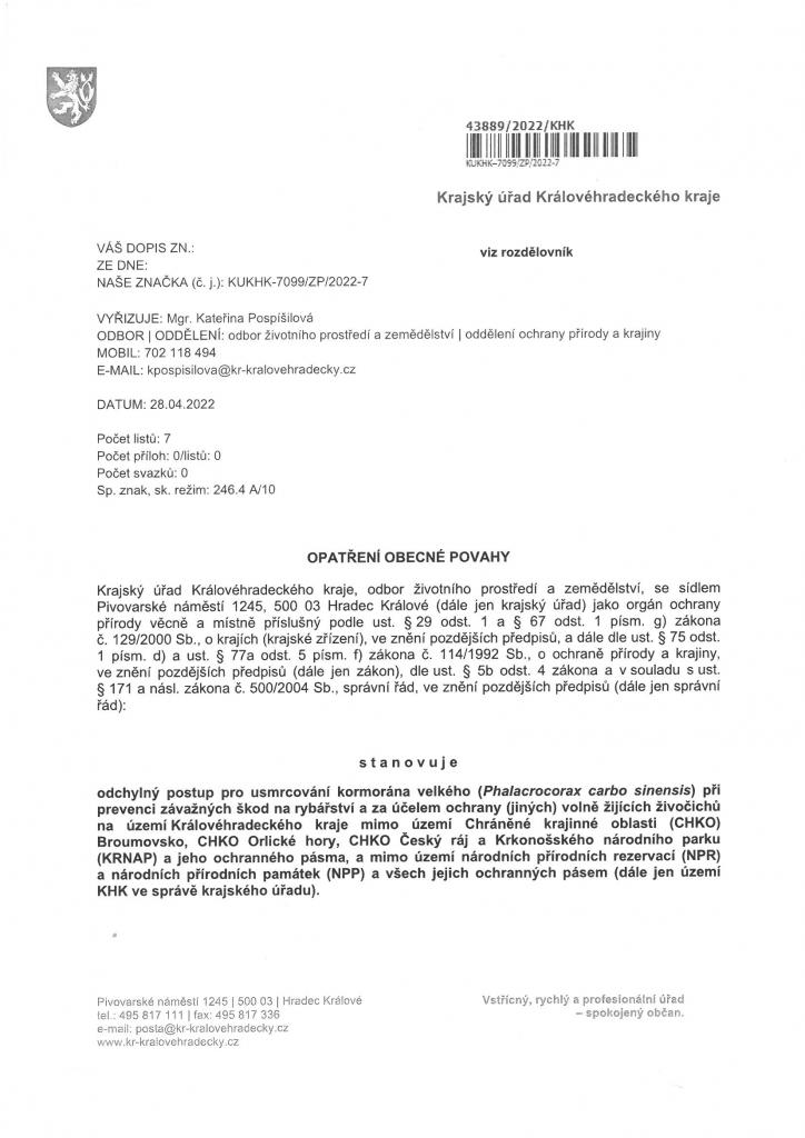 Opatření obecné povahy Kormorán