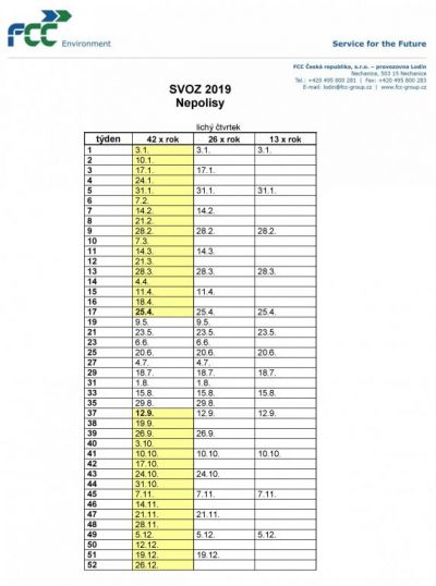 Termíny svozů komunálního odpadu v r. 2019
