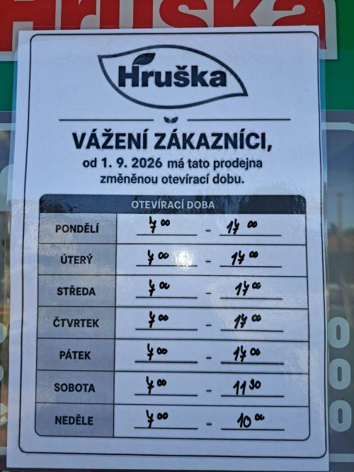 Otevírací doba obchodu Hruška, od&nbsp;1.9.2026
