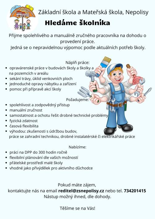 Hledáme školníka na DPP, škola a školka