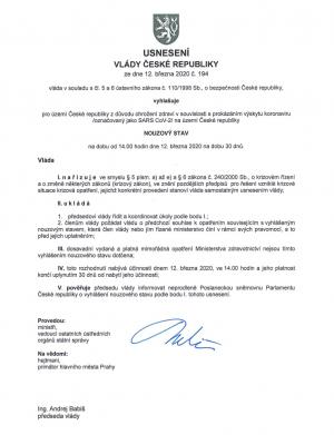 Vyhlášení Nouzového stavu Vládou ČR